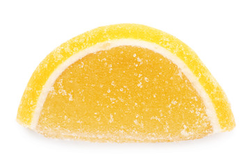 Bright delicious jelly candy on white background, top view