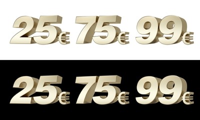25€ 75€ 99€ Twenty five, seventy five and ninety nine euros. 3D golden characters.