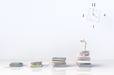 Warm white reading room decor with white cement wall, tile floor, curtain, window,book,chair.The sun shines through the window into the shadows. 3D render.