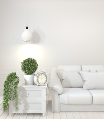 Interior poster mock up with  empty wooden  sofa, plant and lamp in empty room with white wall. 3D rendering