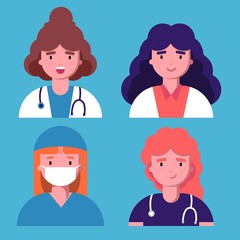 Avatars characters doctor and nurses set. Medical staff icons of faces on a blue background. Therapist, surgeon, nurse, gynecologist in uniform. Online healthcare. Flat vector illustration