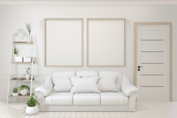 Interior poster mock up with  empty wooden frames, sofa, plant and lamp in empty room with white wall. 3D rendering