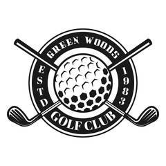 Golf ball and crossed golf sticks vector emblem