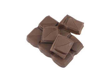 Broken chocolate bar isolated on white background.