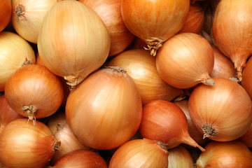 Fresh whole onions as background, top view