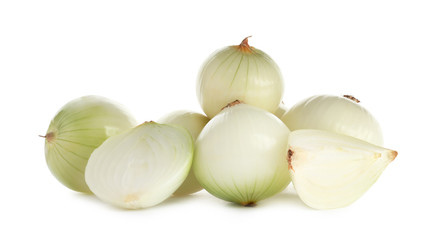 Fresh peeled onion bulbs on white background