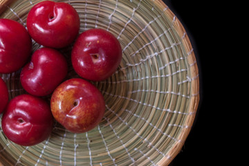 kitchen ingredients on woven bamboo texture 