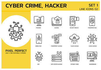 Line Icons Style. Hacker Cyber crime attack for web design, ui, ux, mobile web, ads, magazine, book, poster.