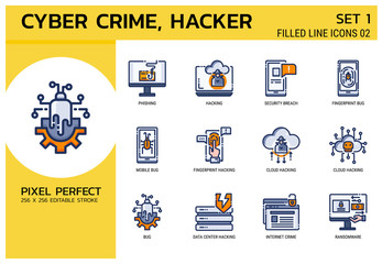 Filled Line Icons Style. Hacker Cyber crime attack for web design, ui, ux, mobile web, ads, magazine, book, poster.