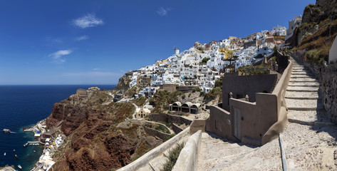 The stairway used by tourists and donkeys connecting the old port to the village of Oia, Santorini Island, Greece.