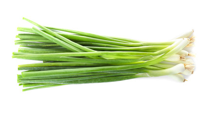 Bunch of fresh ripe green onions on white background
