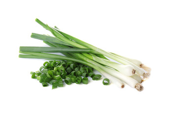 Cut fresh green onions on white background
