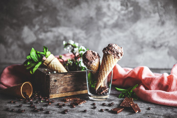 Chocolate ice cream and spring flowers