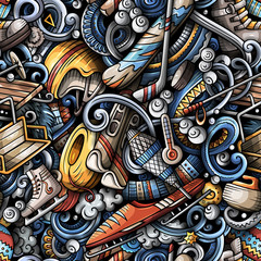 Obraz premium Winter sports hand drawn doodles seamless pattern. Ski resort background.