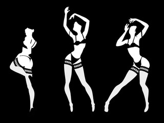 Set of sexy women silhouettes in underwear, club burlesque performer, dancer, stripper, go-go girl, vector illustration