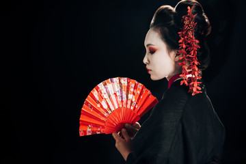 side view of beautiful geisha in black kimono with red flowers in hair holding traditional hand fan...