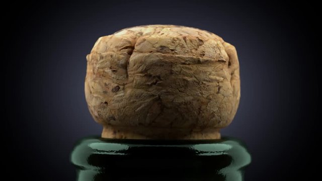 Cork flies out of champagne bottle isolated on black background 3d 4K