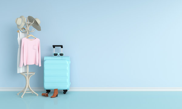 luggage in blue room for mockup, 3D rendering