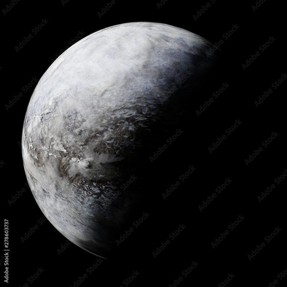 Wall mural frozen alien planet, exoplanet covert in ice and snow isolated on black background