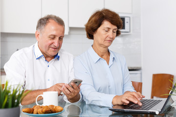 Fototapeta na wymiar Mature man and woman using smartphone and working at laptop