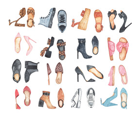 Watercolor womens fashion shoes sandals high heels slippers sneakers © madiwaso