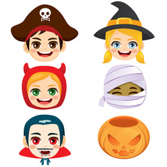 Cute set collection of Halloween kids faces and pumpkin bag