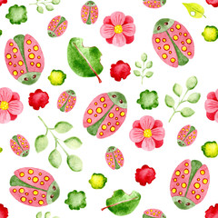 Watercolor seamless pattern with beetles and plants. For design of background, pattern, wallpaper, wrapper, print, fabric, clothes, cards