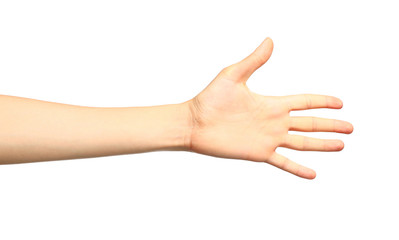 Young woman showing hand on white background, closeup