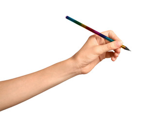 Young woman holding pencil on white background, closeup