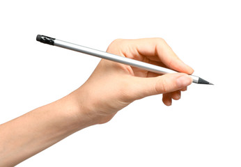 Young woman holding pencil on white background, closeup