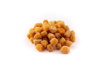 group of small dried scallops on white background