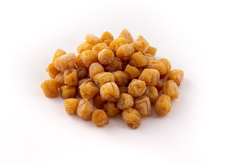 group of small dried scallops on white background