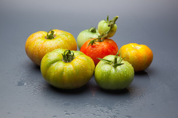 Tomates verdes y rojos, maduros, preparados para ser vendidos en el mercado o para ser preparados y comidos en una ensalada,