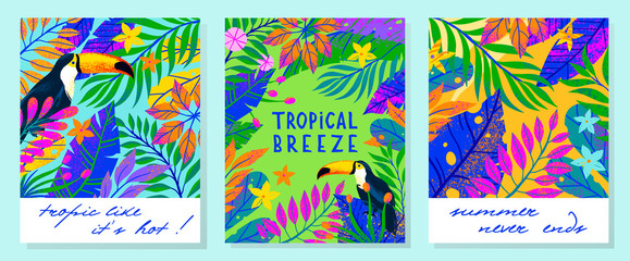 Set of summer vector illustrations with tropical leaves,flowers and toucan.Multicolor plants with hand drawn texture.Exotic backgrounds perfect for prints,flyers,banners,invitations,social media