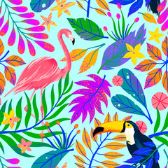 Summer vector seamless pattern with hand drawn tropical leaves,flamingo and toucan.Multicolor plants.Exotic background perfect for prints,wrapping paper,t-shirts,textile,background fill,social media.