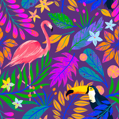 Summer vector seamless pattern with hand drawn tropical leaves,flamingo and toucan.Multicolor plants.Exotic background perfect for prints,wrapping paper,t-shirts,textile,background fill,social media.