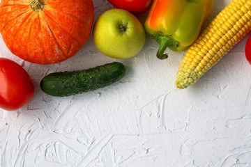 fresh vegetables on white background top view.