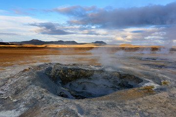 Amazing landscape in the north of Iceland near Lake Myvatn. Panoramic view in myvatn geothermal area. Beautiful landscape in Iceland in an area of active volcanism.