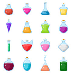 Set of magic potion isolated on white background. Magical potion in bottle. Chemical or alchemy elixir. Cartoon style. Vector illustration for any design.