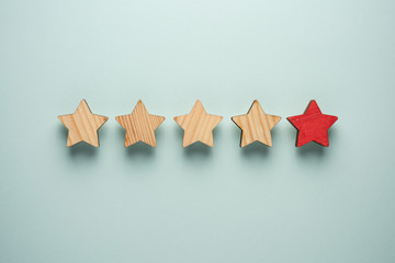 The concept of feedback of five stars. One red star in addition to the four ordinary ones.