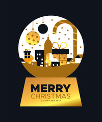 Christmas and New Year card of gold city snowglobe