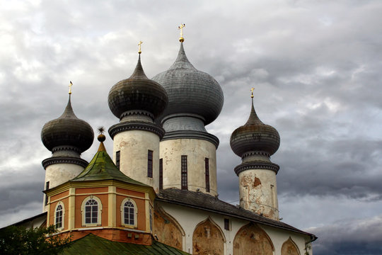 Orthodox church on a cloudy day. Church of the Dormition of Tikhvin Monastery built in 1581 