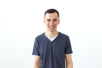 Fototapeta premium Expression and gesture concept - Close up portrait of laughing asian man