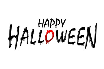 Happy Halloween text. Black scary design isolated white background. Horror silhouette banner, holiday card. Symbol october celebration Halloween party. Cartoon dripping flow blood. Vector illustration