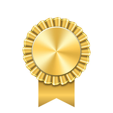 Award ribbon gold icon. Golden medal design isolated on white background. Symbol of winner celebration, best champion achievement, success trophy seal. Blank rosette element. Vector illustration