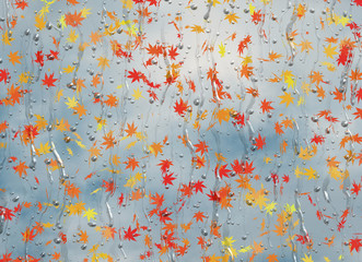 view of falling leaves through wet window with water drops