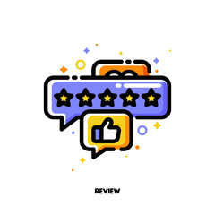 Icon of bubbles with five stars and hand thumb up as good customers product rating or positive users feedback for shopping concept. Flat filled outline style. Pixel perfect 64x64. Editable stroke