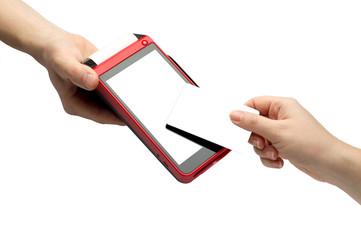 Merchant payment proccessing. Customer paying contactless with credit card on POS. Close up payment terminal isolated on white background. Mockup for branding.