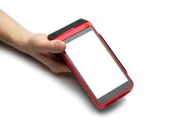 Close up payment terminal isolated on white background. Mobile smart aPOS EDC machine with NFC technology.  Mockup for branding. 