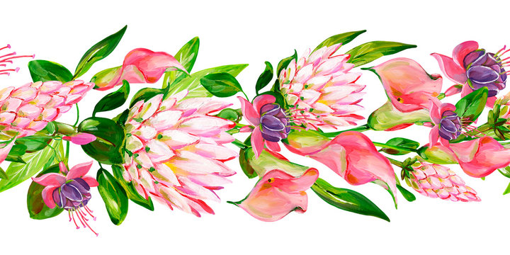Gouache floral border with pink Protea, pink Calla, green leaves and Fuchsia flowers
